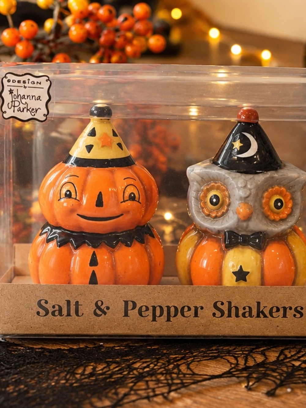 Johanna Parker Halloween Pumpkin & Owl Salt Pepper Shakers NIB Retro